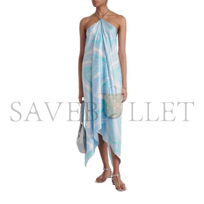 PUCCI BLUE MARMO ASYMMETRIC SILK TWILL MIDI DRESS 